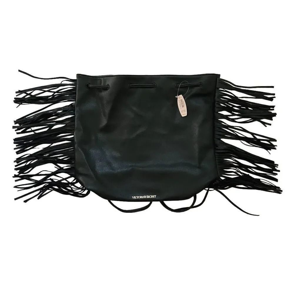 Victoria's Secret Black Faux Leather Fringe Hobo Bag